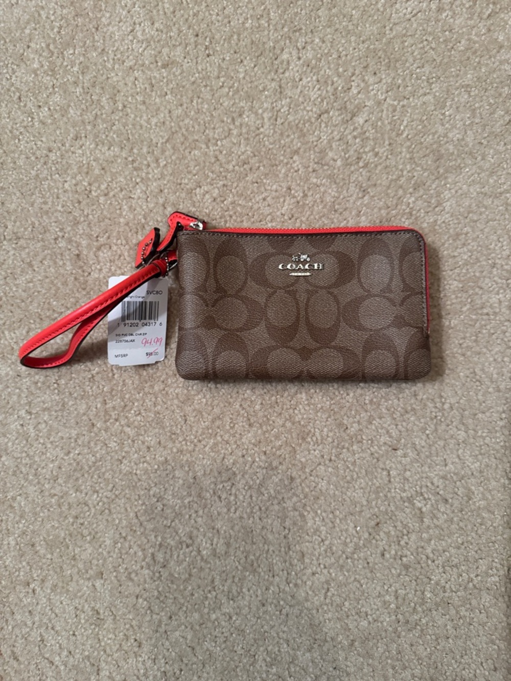 Coach Brown Signature Wristlet with Coral Trim
